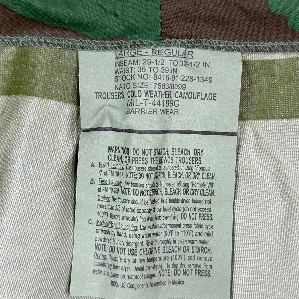 US Military Pants Size L Reg Woodland Camo Army Cold Weather Barrier Trousers